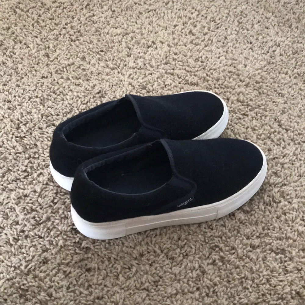navy suede platform slip ons